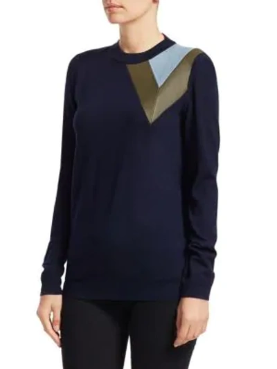 Shop Loewe Wool & Leather Colorblock Sweater In Navy Blue