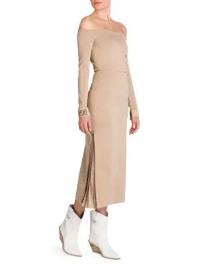 Shop Fendi Jersey Off-the-shoulder Midi Dress In Nude