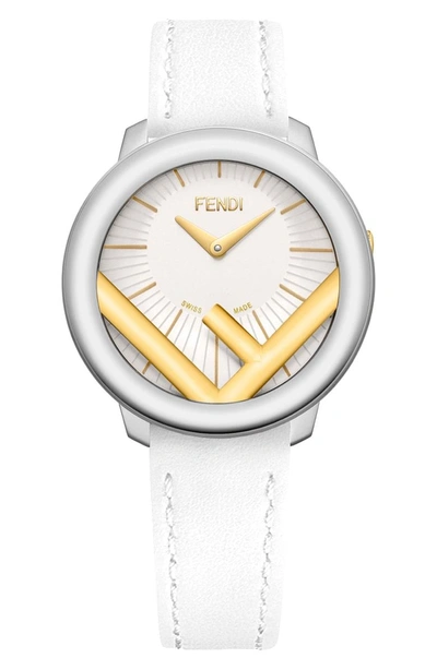 Shop Fendi Run Away Leather Strap Watch, 36mm In Silver/ White/ Gold