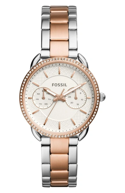 Shop Fossil Tailor Crystal Multifunction Bracelet Watch, 35mm In Rose Gold/ Silver/ Silver