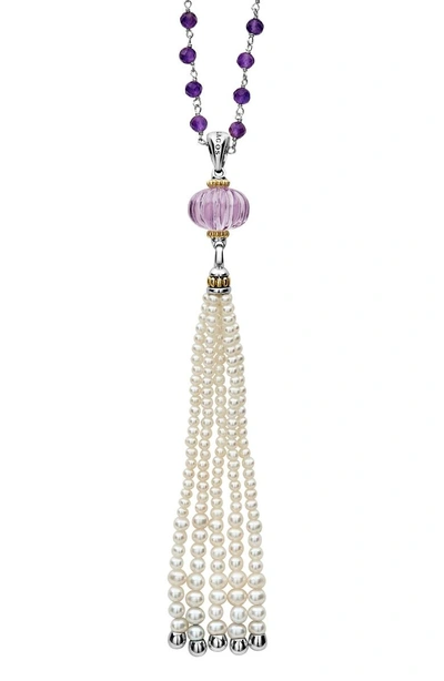 Shop Lagos Caviar Forever Gemstone Tassel Pendant Necklace In Silver/ Rose De France