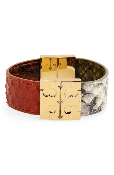 Shop Tory Burch Colorblock Reversible Leather Bracelet In Snake Multi