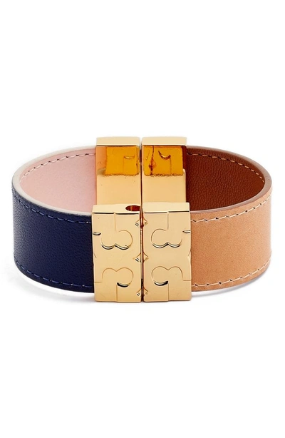 Shop Tory Burch Colorblock Reversible Leather Bracelet In Blush/ Navy/ English Tan