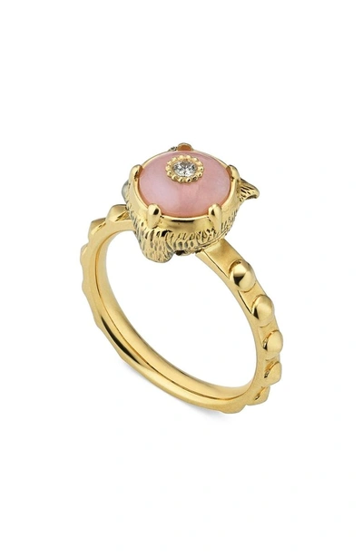 Shop Gucci Le Marche Des Merveilles Feline Head Ring In Yellow Gold/ Pink Opal