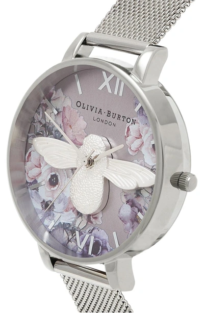 Shop Olivia Burton Watercolor Floral Mesh Strap Watch, 38mm In Silver/ Bee/ Silver