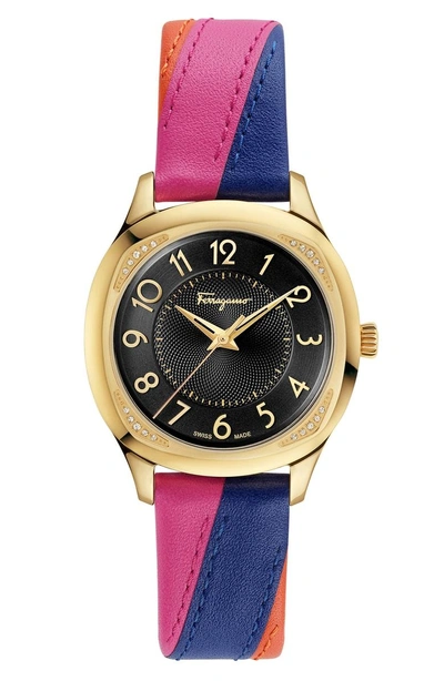 Shop Ferragamo Time Square Leather Strap Watch, 36mm In Multi/ Black/ Gold
