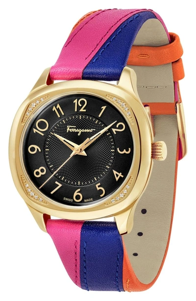Shop Ferragamo Time Square Leather Strap Watch, 36mm In Multi/ Black/ Gold