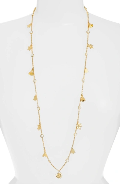 Shop Tory Burch Bellflower Rosary Necklace In Pearl/ Brass