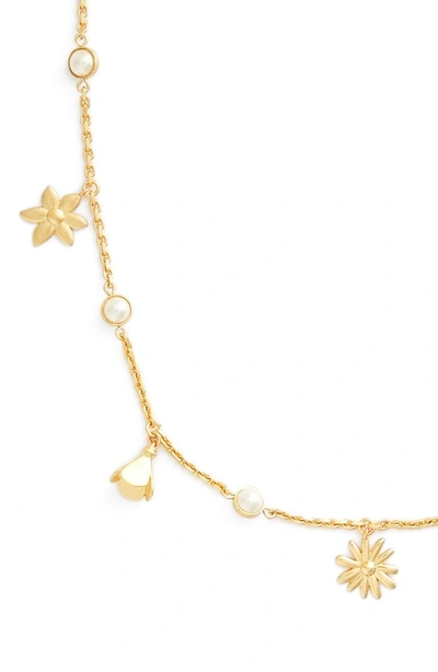 Shop Tory Burch Bellflower Rosary Necklace In Pearl/ Brass