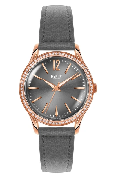 Shop Henry London Finchley Leather Strap Watch, 34mm In Grey/ Rose Gold