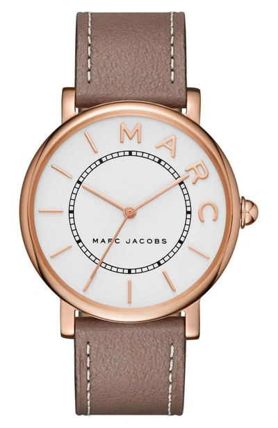 Shop Marc Jacobs Classic Leather Strap Watch, 36mm In Cement/ White/ Rose Gold