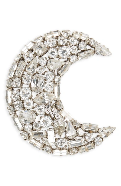 Shop Saint Laurent Crystal Crescent Moon Brooch In Palladium/crystal