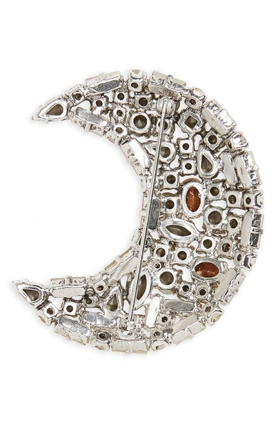 Shop Saint Laurent Crystal Crescent Moon Brooch In Palladium/crystal