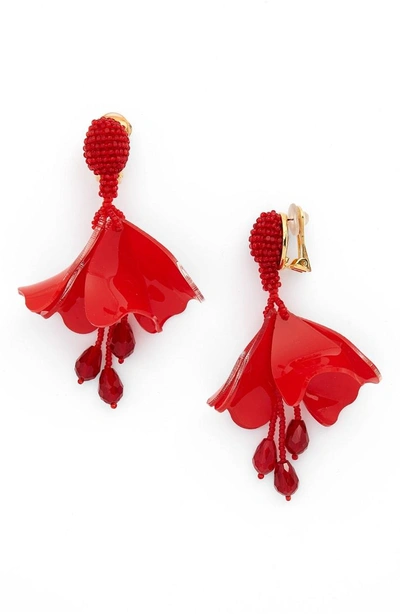 Shop Oscar De La Renta Small Impatiens Flower Drop Clip Earrings In Carmine