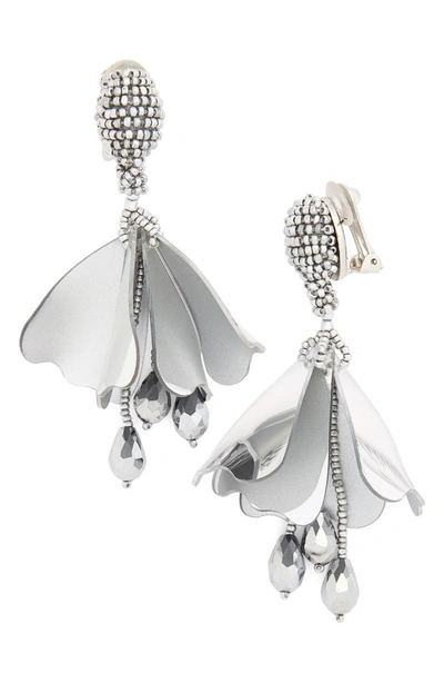 Shop Oscar De La Renta Small Impatiens Flower Drop Clip Earrings In Metallic Silver