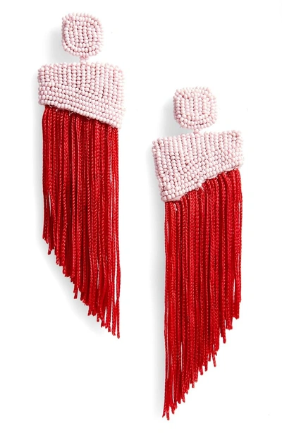 Shop New Friends Colony Cliff's Edge Asymmetrical Fringe Earrings In Pink/ Red