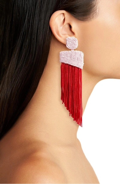 Shop New Friends Colony Cliff's Edge Asymmetrical Fringe Earrings In Pink/ Red
