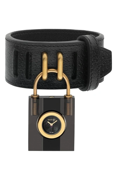 Shop Gucci Twirl Small Leather Strap Padlock Watch, 17mm In Black/ Gold