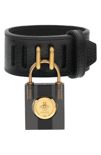 Shop Gucci Twirl Small Leather Strap Padlock Watch, 17mm In Black/ Gold
