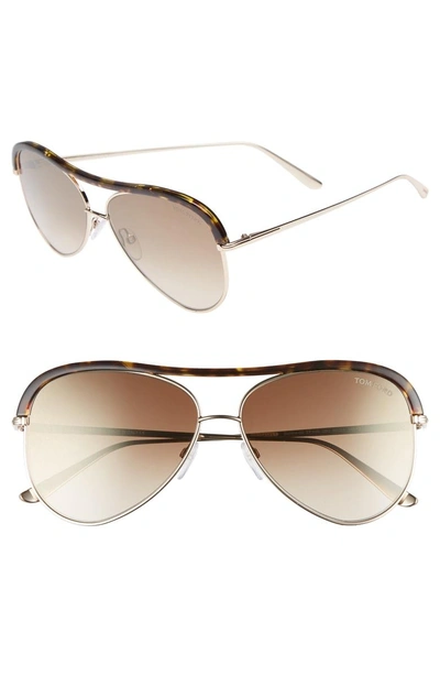 Shop Tom Ford Sabine 60mm Aviator Sunglasses - Shiny Rose Gold/ Brown Mirror