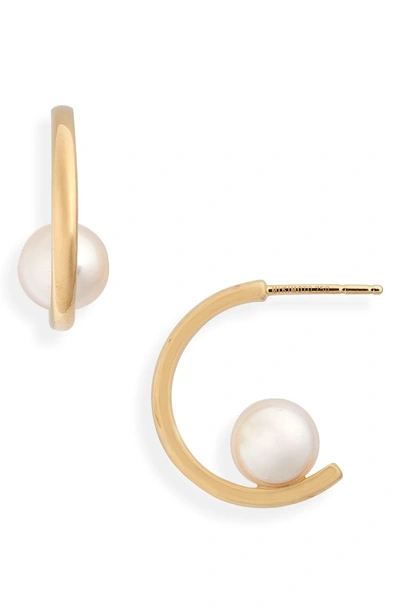 Shop Mikimoto Floating Pearl Mini Hoop Earring In Yellow Gold