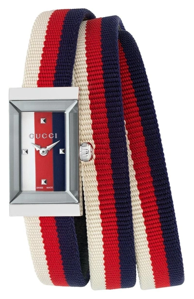 Shop Gucci G-frame Rectangular Nylon Strap Watch, 14mm X 25mm In Red/ White/ Blue