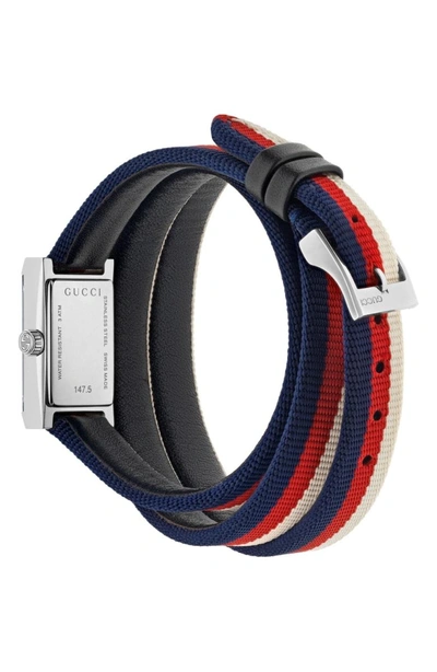 Shop Gucci G-frame Rectangular Nylon Strap Watch, 14mm X 25mm In Red/ White/ Blue