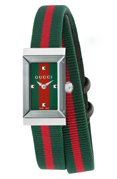 Shop Gucci G-frame Rectangular Nylon Strap Watch, 14mm X 25mm In Green/ Red/ Green
