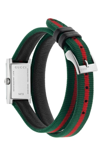 Shop Gucci G-frame Rectangular Nylon Strap Watch, 14mm X 25mm In Green/ Red/ Green