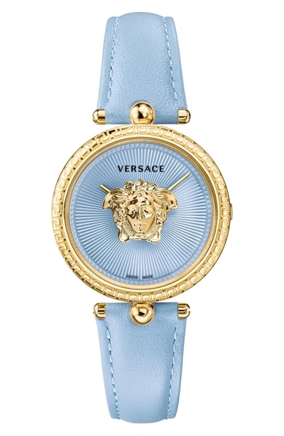Shop Versace Palazzo Empire Leather Strap Watch, 34mm In Blue/ Gold