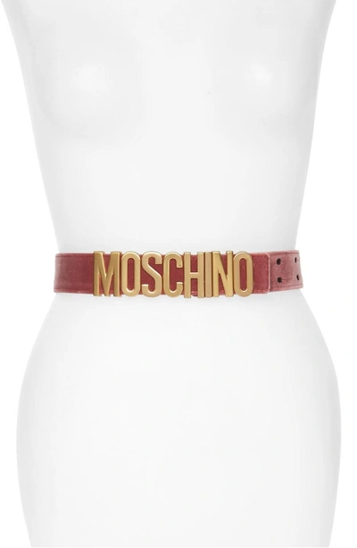 Shop Moschino Logo Velvet Belt In Rose Pink With Gold