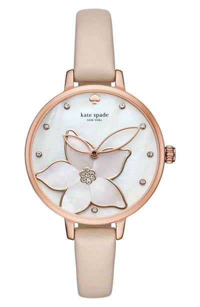 Shop Kate Spade Flower Leather Strap Watch, 34mm In Vachetta/ Mop/ Pink/ Rose Gold