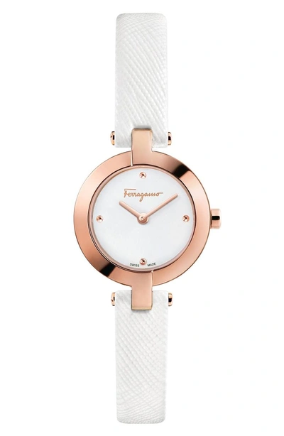 Shop Ferragamo Miniature Leather Strap Watch, 26mm In White/ Silver/ Rose Gold