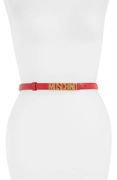 Shop Moschino Logo Plate Skinny Leather Belt In Red