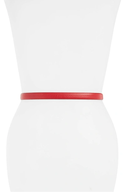 Shop Moschino Logo Plate Skinny Leather Belt In Red