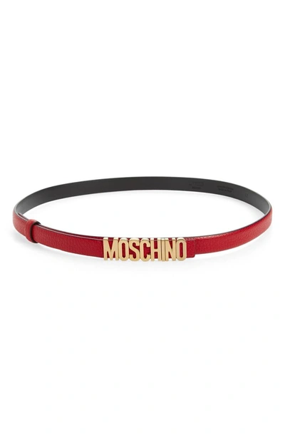 Shop Moschino Logo Plate Skinny Leather Belt In Red