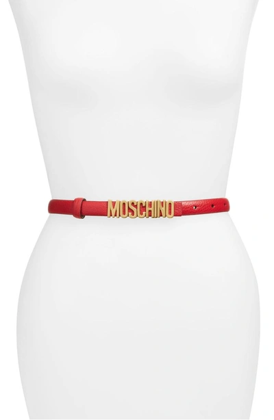 Shop Moschino Logo Plate Skinny Leather Belt In Red/ Brushed Gold