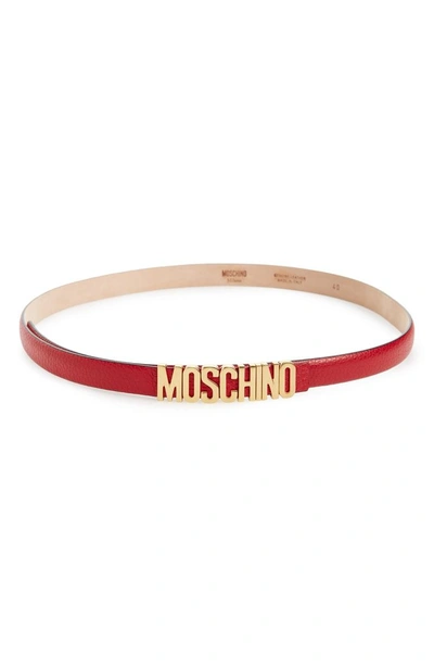 Shop Moschino Logo Plate Skinny Leather Belt In Red/ Brushed Gold