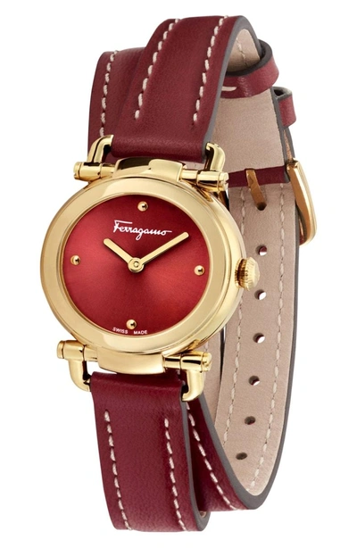 Shop Ferragamo Gancino Leather Strap Watch, 26mm In Red/ Gold