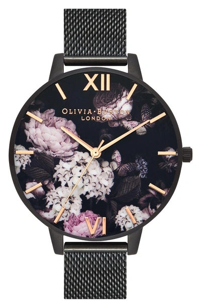 Shop Olivia Burton Signature Floral Mesh Strap Watch, 38mm In Black/ Floral/ Rose Gold