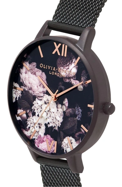 Shop Olivia Burton Signature Floral Mesh Strap Watch, 38mm In Black/ Floral/ Rose Gold