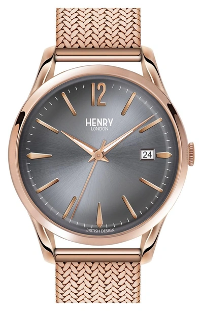 Shop Henry London 'finchley' Analog Mesh Strap Watch, 38mm In Rose Gold/ Slate Grey