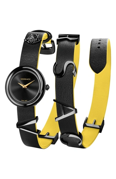 Shop Versace V-flare Double Wrap Leather Strap Watch, 28mm In Black