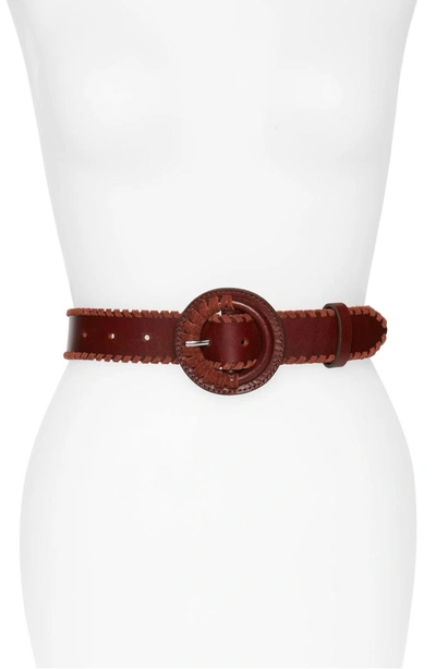 Shop Rebecca Minkoff Layla Whipstitch Leather Belt In Luggage / Nickel