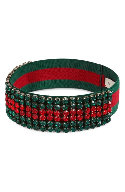 Shop Gucci Webby Crystal Headband In Red/ Dark Green