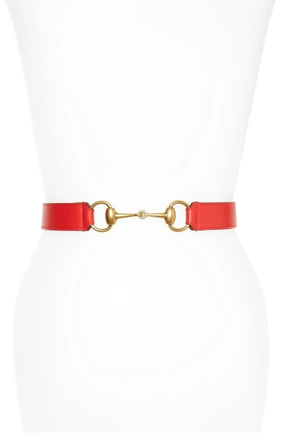 Shop Gucci Horsebit Calfskin Leather Belt In Red