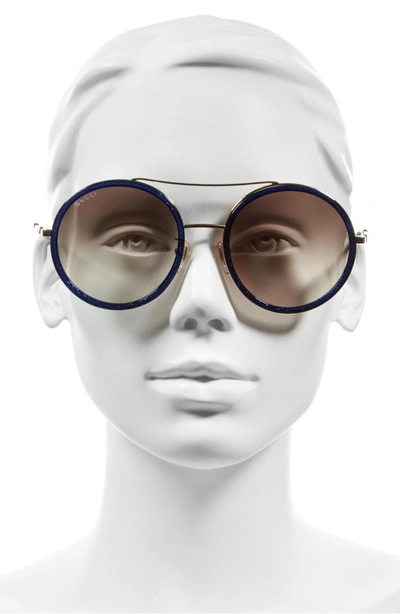 Shop Gucci 56mm Round Sunglasses - Glitter Blue/ Brown