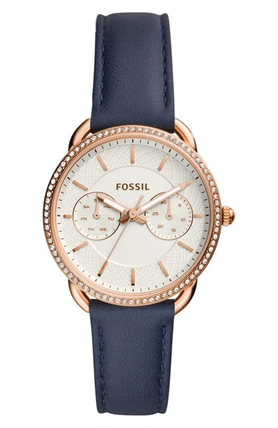 Shop Fossil Tailor Multifunction Watch, 35mm In Blue/ Silver/ Rose Gold