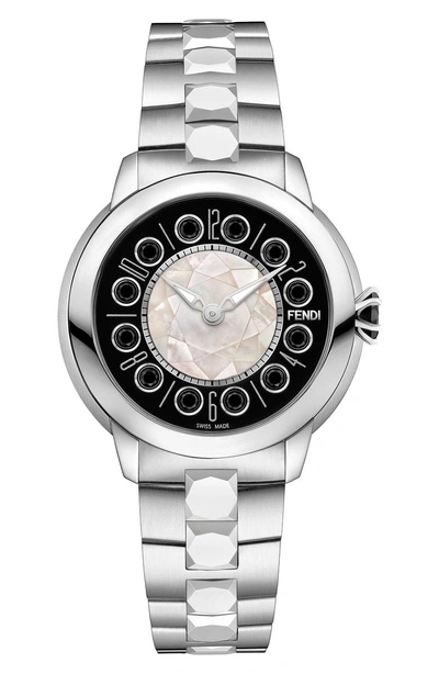 Shop Fendi Ishine Rotating Semiprecious Stone Bracelet Watch, 38mm In Silver/ Black/ Silver