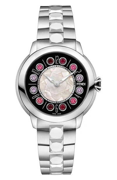 Shop Fendi Ishine Rotating Semiprecious Stone Bracelet Watch, 38mm In Silver/ Black/ Silver
